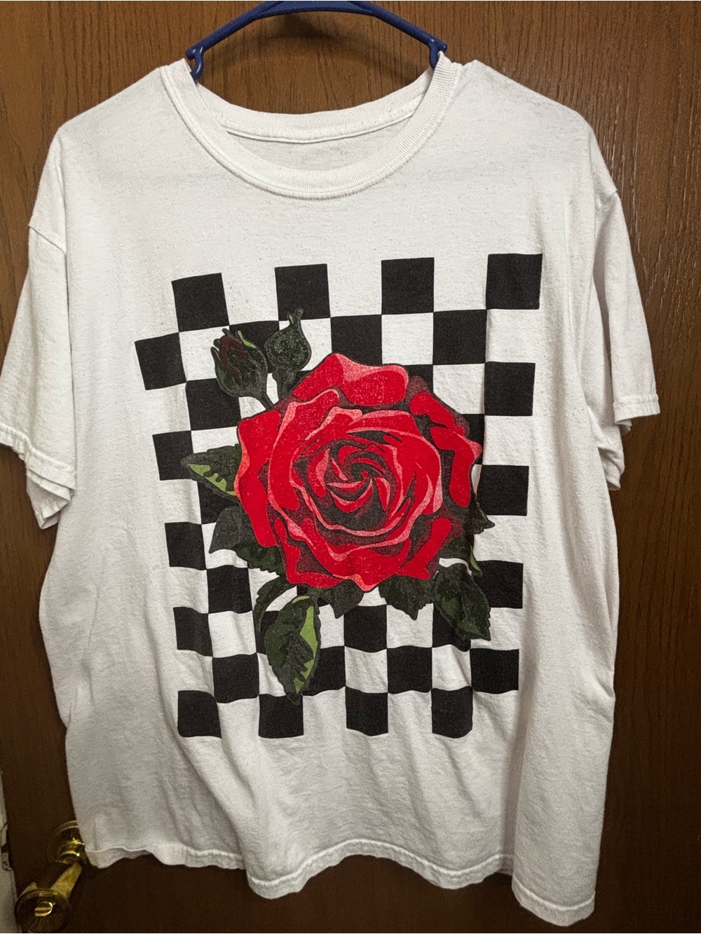 White Short Sleeve Tee with Red Rose Graphic